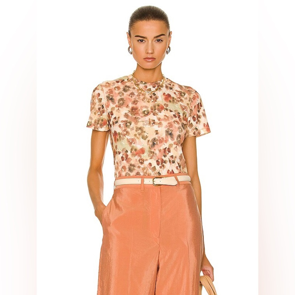 Nanushka Guy Watercolor Floral Short-Sleeve Tee in Peach, Green & Cream